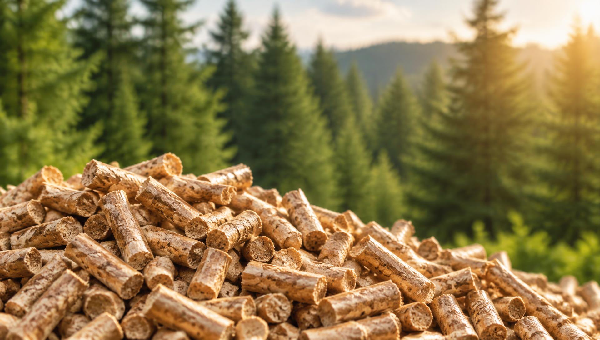 Hoop houtpellets voor een wazig dennenbos